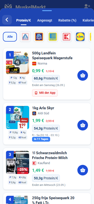 Protein pro Euro Vergleich in der MuskelMarkt App
