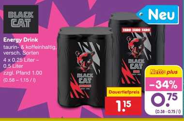 4x 250ml Black Cat Energy Drink Zero
