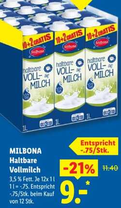 1l MILBONA Haltbare Vollmilch 3,5% Fett