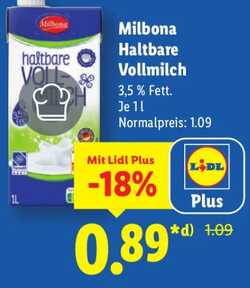 1l Milbona Haltbare Vollmilch 3,5% Fett