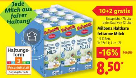 12l Milbona Haltbare fettarme Milch 1,5% Fett