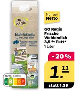 1 Liter GO Regio Frische Weidemilch 3,5 % Fett