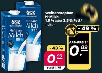 1 Liter Weihenstephan H-Milch 1,5 % Fett
